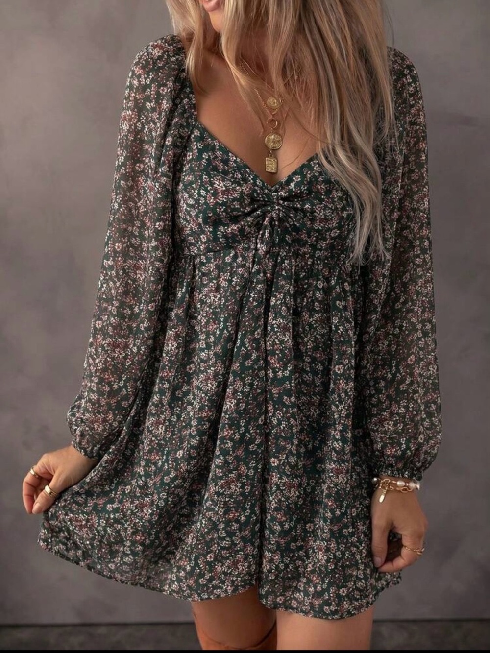 SHEIN Dark Green Floral Empire-Waist Long Sleeve Mini Dress